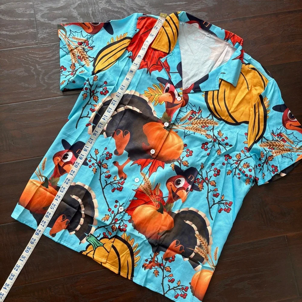 Funny Turkey Pilgrim Thanksgiving Button Down Hawaiian Style Shirt - Picture 7 of 9